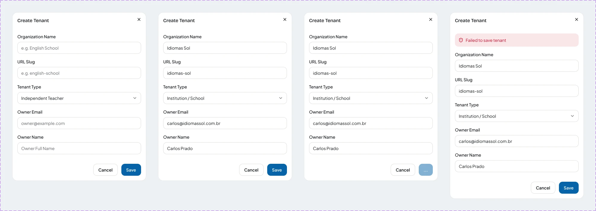 One dialog in Figma drawn in four states: empty, filled, saving with the button disabled, and error with a message at the top.