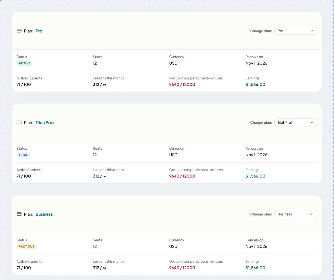 Plan panel pattern in Figma in three states: active subscription, trial and past due.