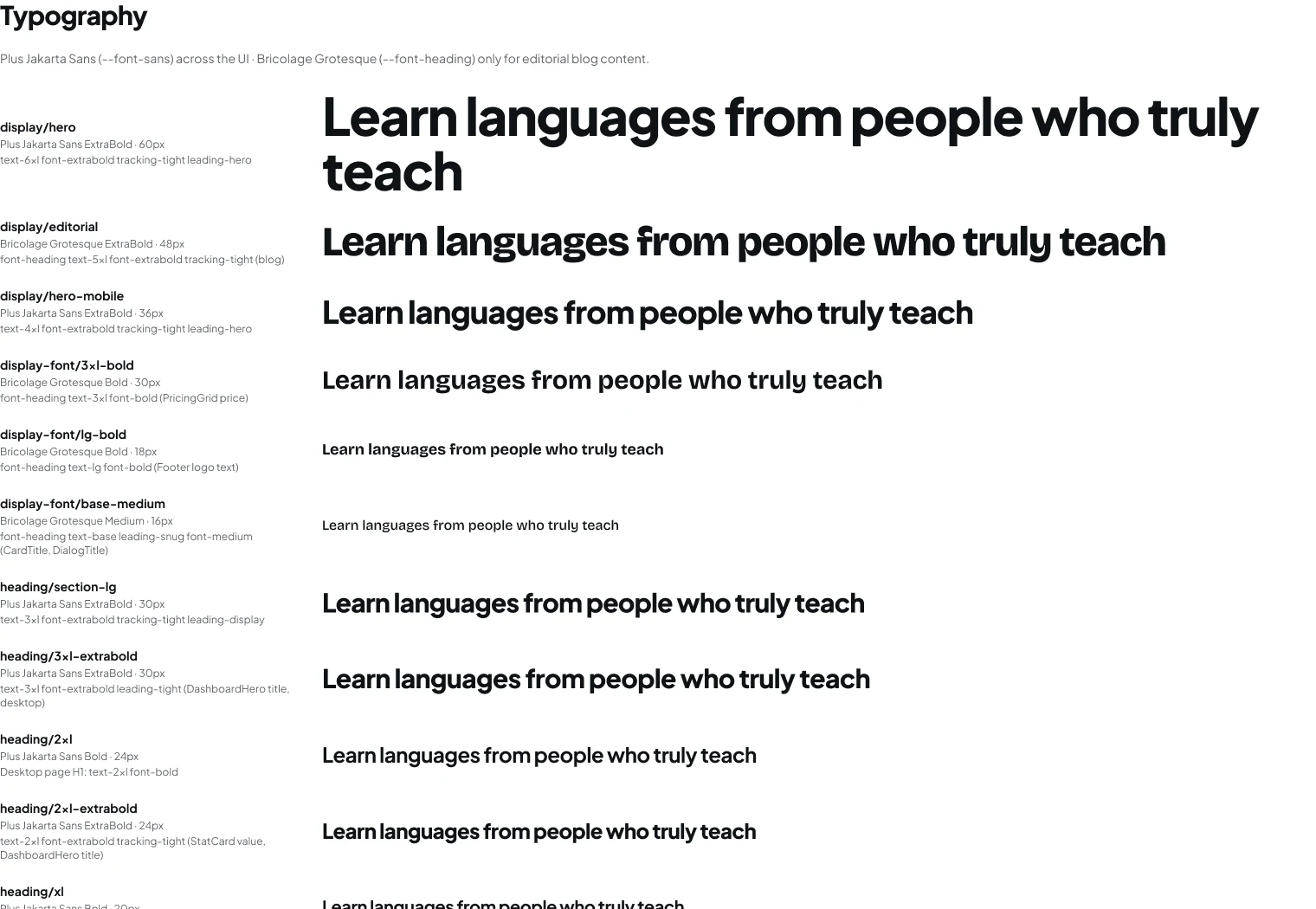 Typography styles in Figma, from display to heading sizes, each annotated with the Tailwind classes that produce it.