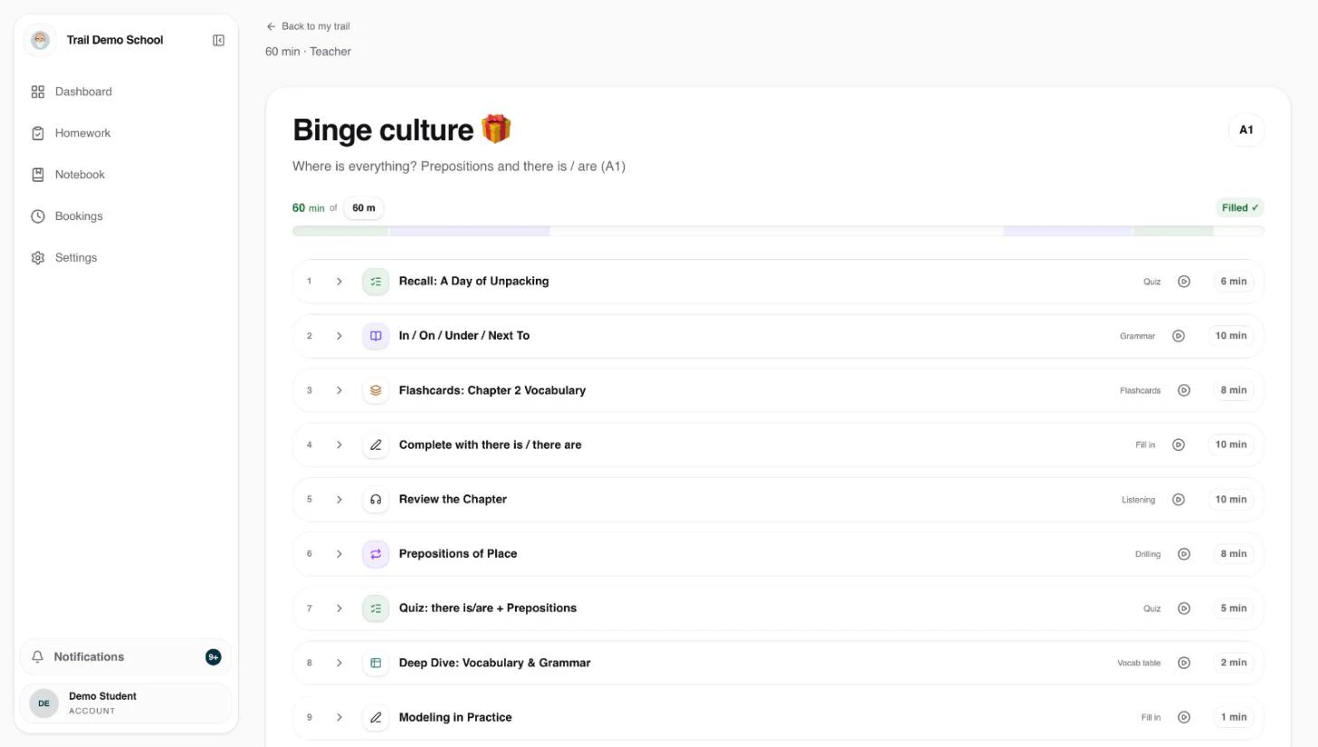 A lesson plan in ilevar called Binge culture, level A1: nine timed steps including quiz, grammar, flashcards, fill in, listening and drilling, filling 60 of 60 minutes.