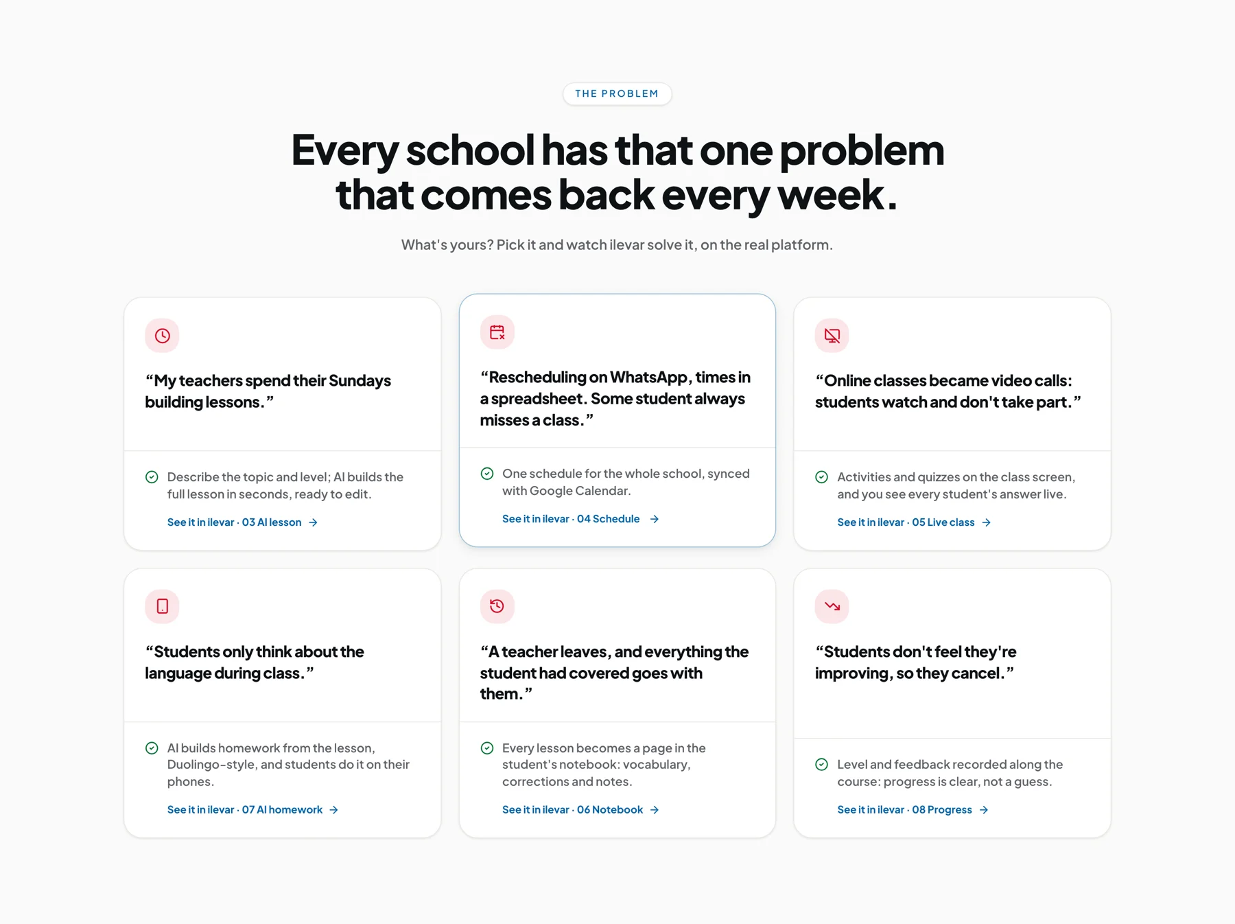The problem section of the ilevar home page: six quotes from school owners, each paired with how the product answers it.