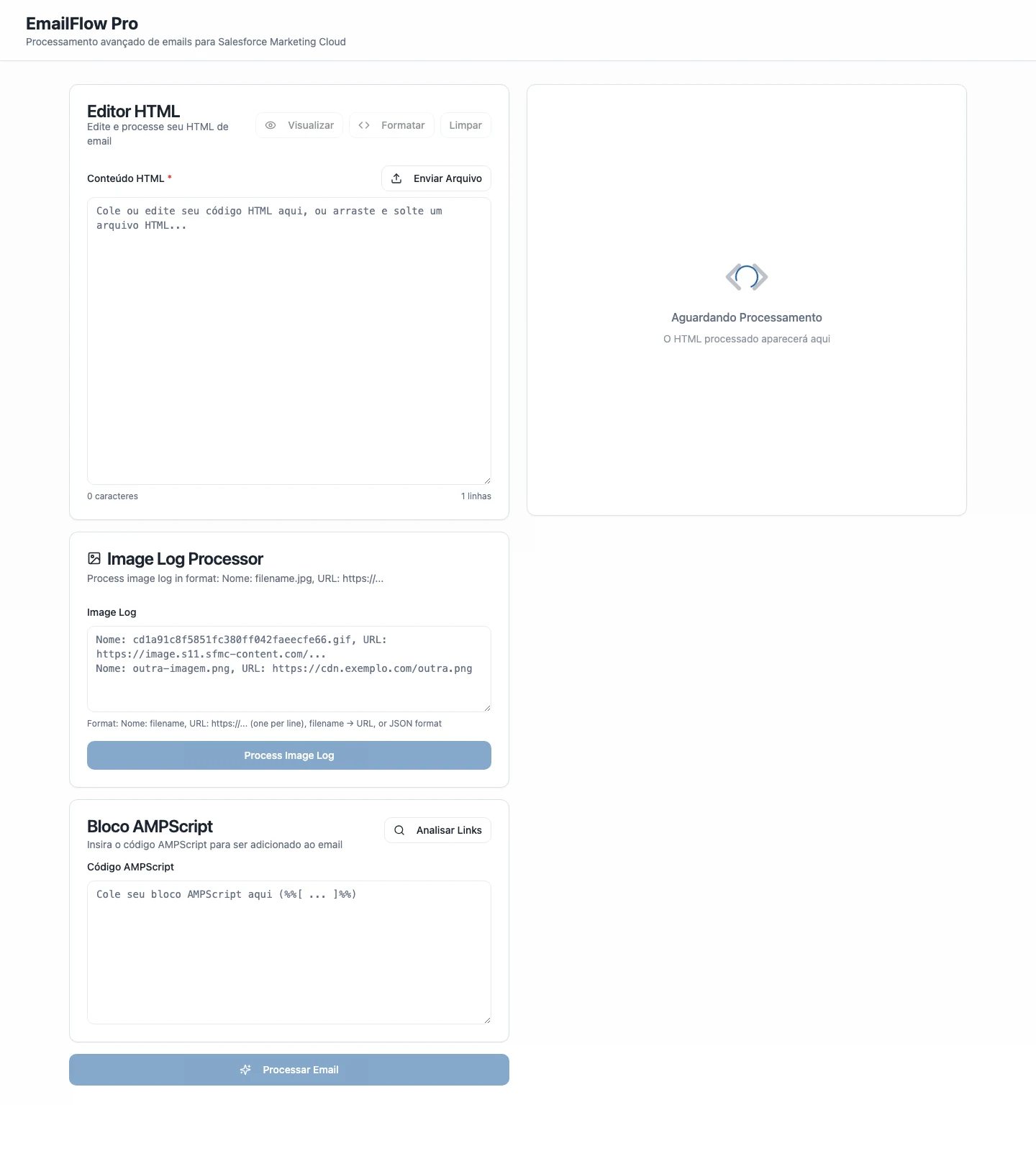EmailFlow Pro interface — HTML editor, image log processor, AMPScript block and output panel